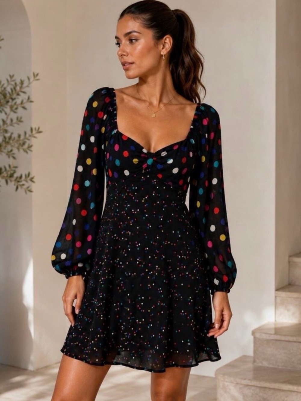 RIXO Target black multicolored polka Dot Print puff long sleeves Mini Dress, 2